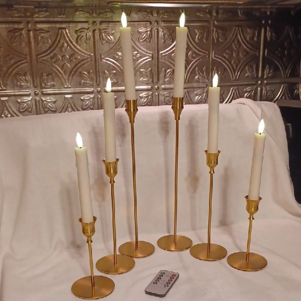 Elegant Gold Candle Holder Set 6 Brass Candlesticks With Remote Control Candles